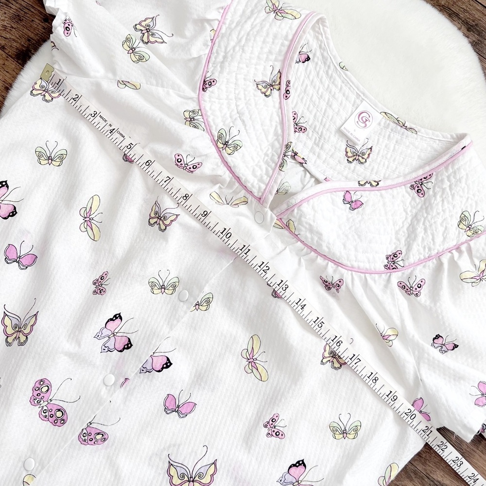 Butterfly Housecoat Snap Front Nightgown Pajama Lounge Dress White Pink Small - Picture 9 of 12